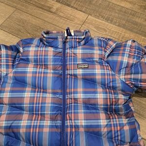 Patagonia Kids Blue and Pink Plaid Puffer Jacket